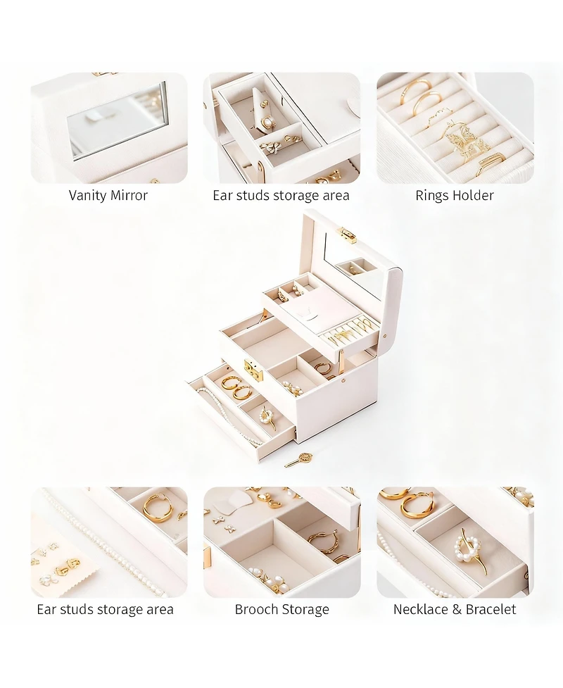 Yigii Leather Jewelry Organizer with 3 Drawers, Mirror, and Lock