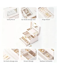 Yigii Leather Jewelry Organizer with 3 Drawers, Mirror, and Lock