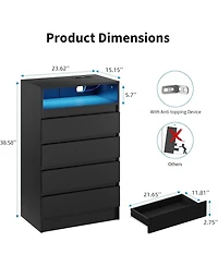 gaomon 4 Drawer Double Dresser with Power Outlet, Accent Chests of Drawers Led Light, Modern White Storage Charging