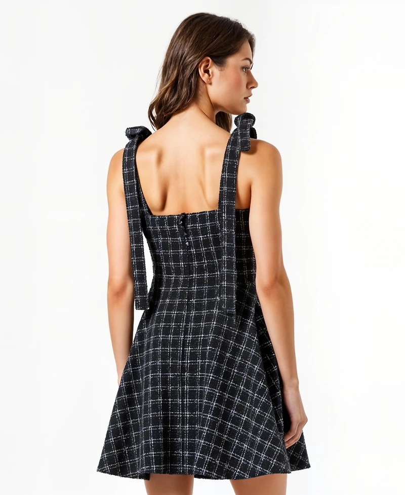 Modenaire Women's Tweed Plaid Tie-Strap Square Neck Mini Dress