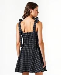 Modenaire Women's Tweed Plaid Tie-Strap Square Neck Mini Dress
