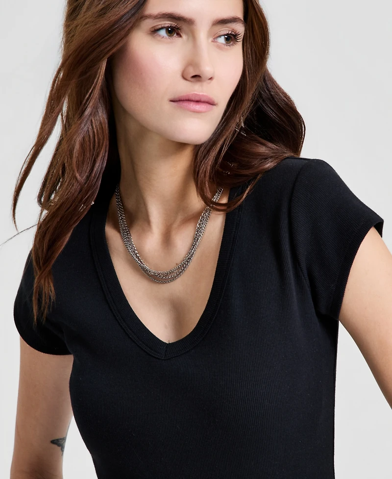 And Now This Women's V-Neck Rib-Knit Short-Sleeve T-Shirt, Macy's Exclusive