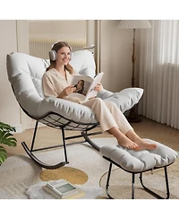 gaomon Oversized Outdoor Papasan Rocking Chair with Ottoman, Weather-Resistant Rattan Egg Rocker Metal Frame