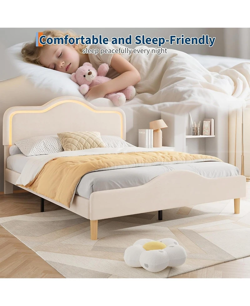 gaomon Bed Frame with Adjustable Led Headboard, Velvet Upholstered Princess Platform Bedframe with Footboard for Kids/Girls, Wooden Slats Support