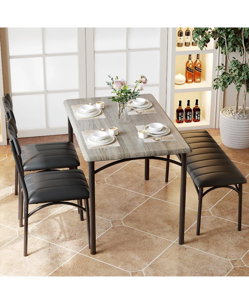 gaomon 4Pcs Dining Set for 4 with Table, 2 Chairs & Upholstered Bench, Rectangular Wood Kitchen Table for Small Spaces