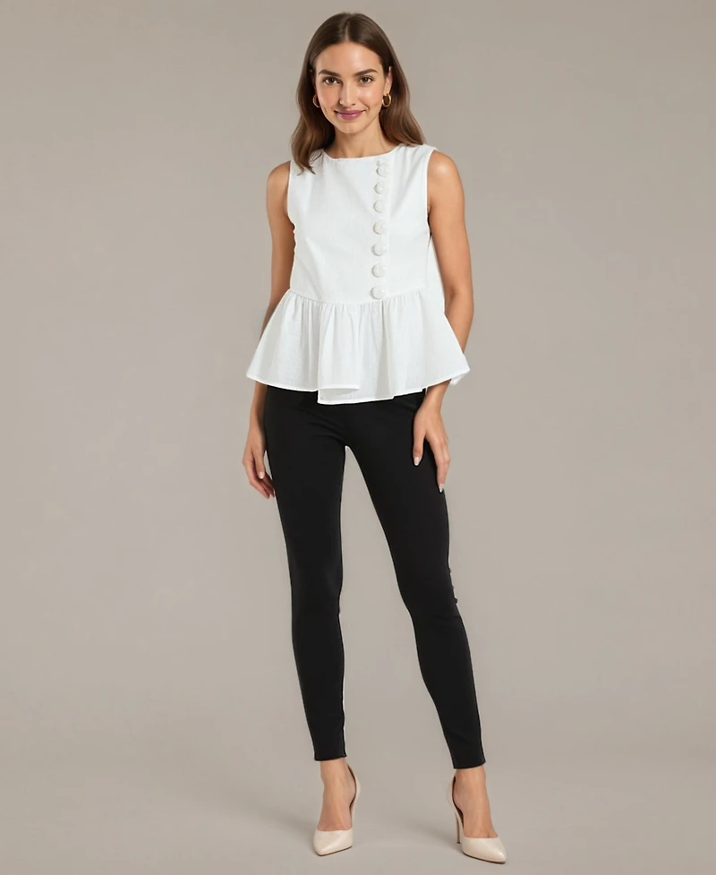 Modenaire Women's Sleeveless Peplum Top with Asymmetric Buttons