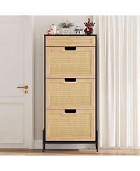 gaomon Rattan Shoe Storage Cabinet with 3 Flip Doors & 1 Drawer, Adjustable Shelf Freestanding Entryway Cabinet