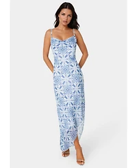 Bebe Women's Printed Chiffon Cowl Assy Maxi Dress