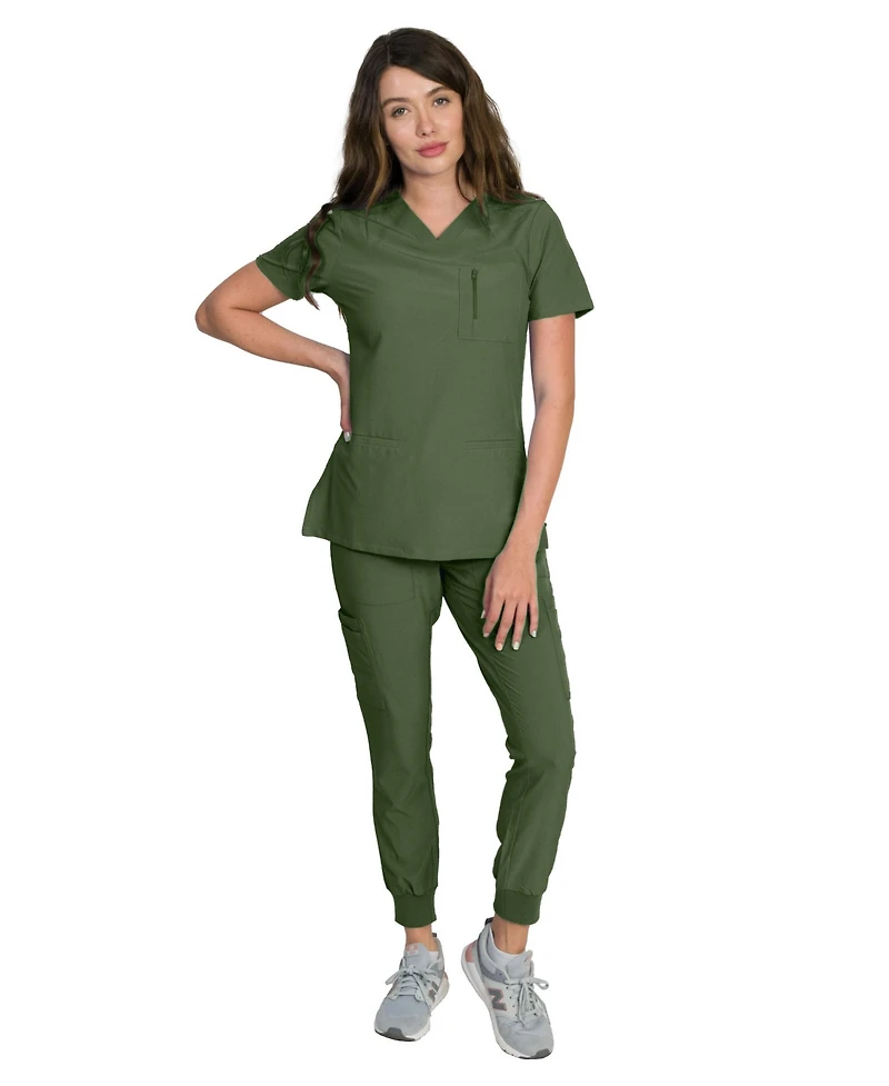 Medgear Women's Fleur Stretch Scrub Set with Zip Chest Pocket Top and Knit Rib Cuffs Jogger Pants