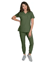 Medgear Women's Fleur Stretch Scrub Set with Zip Chest Pocket Top and Knit Rib Cuffs Jogger Pants