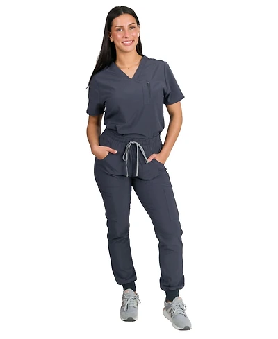 Medgear Women's Fleur Stretch Scrub Set with Zip Chest Pocket Top and Knit Rib Cuffs Jogger Pants