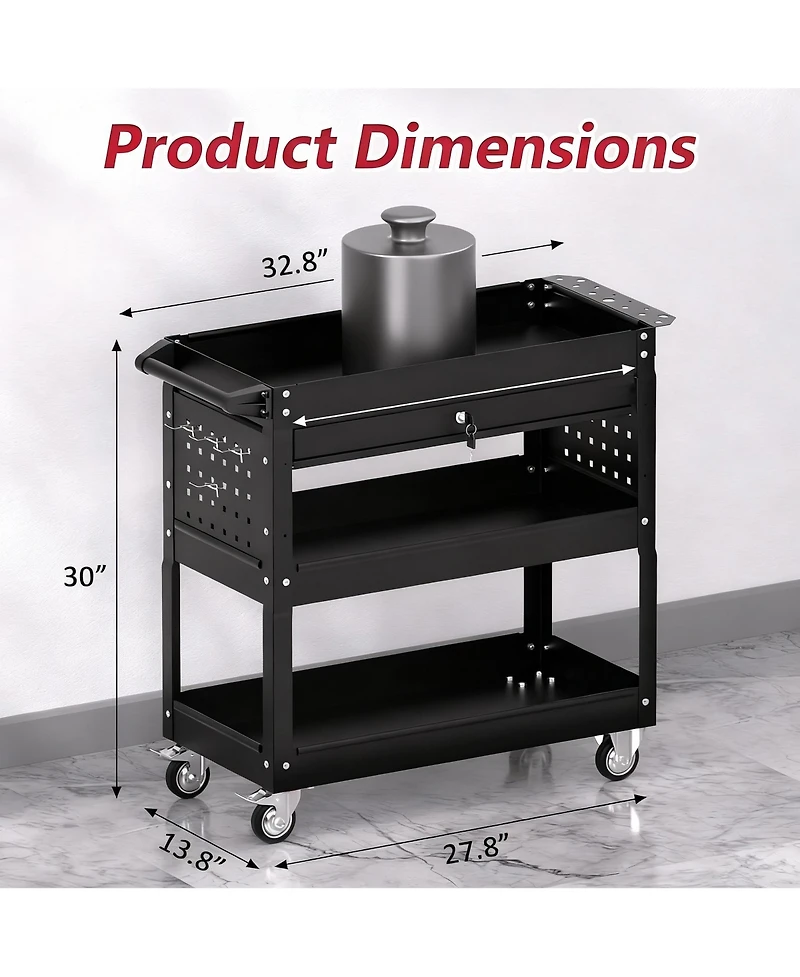 Yigii 3 Tier Rolling Tool Cart with Drawer & Pegboard, 550 lbs Capacity, Easy Assembly
