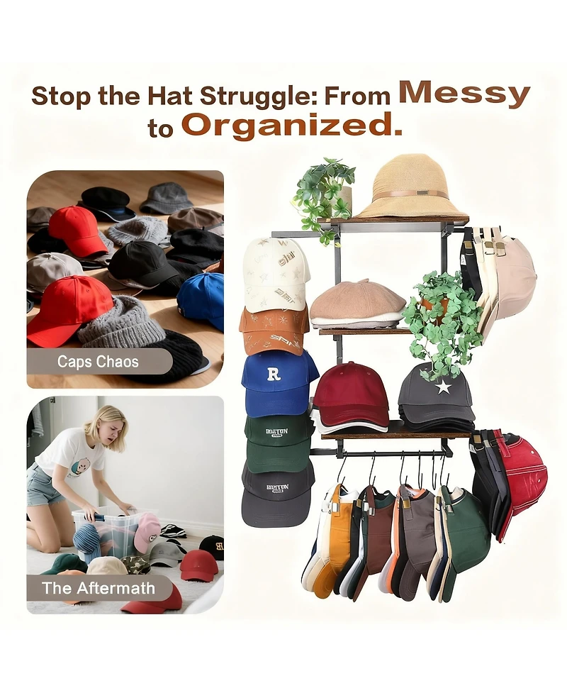 Yigii Wall Hat Rack with Shelves for Hats, Caps, & Decor