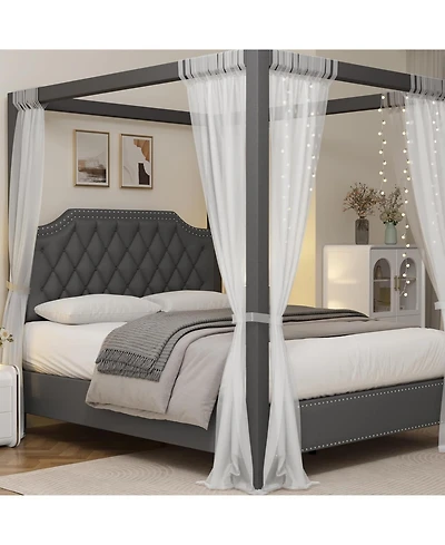 gaomon Upholstered Canopy Platform Bed, Button Tufted Headboard, Nailhead Trim, No Box Spring