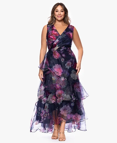 Betsy & Adam Plus V-Neck Printed Ball Gown Dress