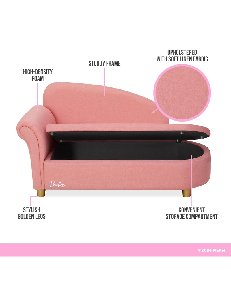 Evolur Girls Barbie Dream in Chaise Lounge, Soft Upholstered Seat with Raised Backrest, Gold-Tone Legs and Hidden Storage, Astm Certified
