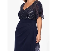 Xscape Plus-Size V-Neck Short-Sleeve Ball Gown