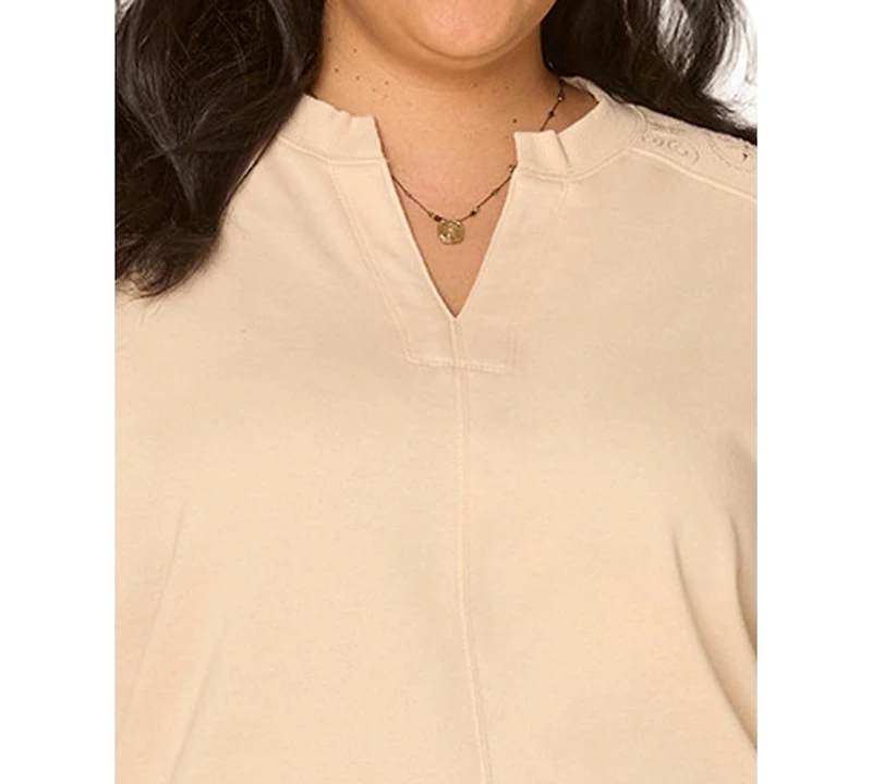 Democracy Plus Long Blouson-Sleeve Embroidered Sweatshirt