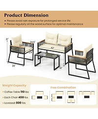 Gymax Set Of 4 Patio Furniture Set w/Tempered Glass Coffee Table Pe Wicker Rattan Chairs