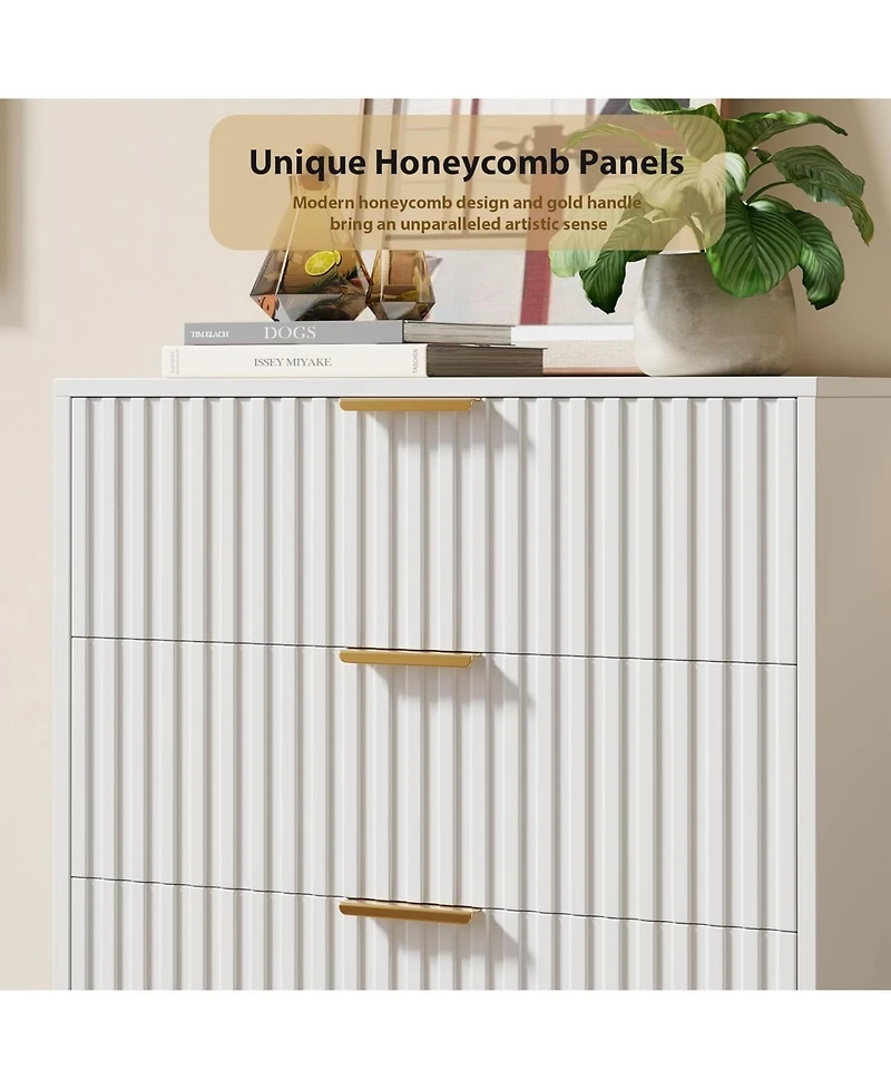 gaomon 5 Drawer Dresser for Bedroom, Fluted Tall Dresser with Large Drawers and Sturdy Gold Legs Support