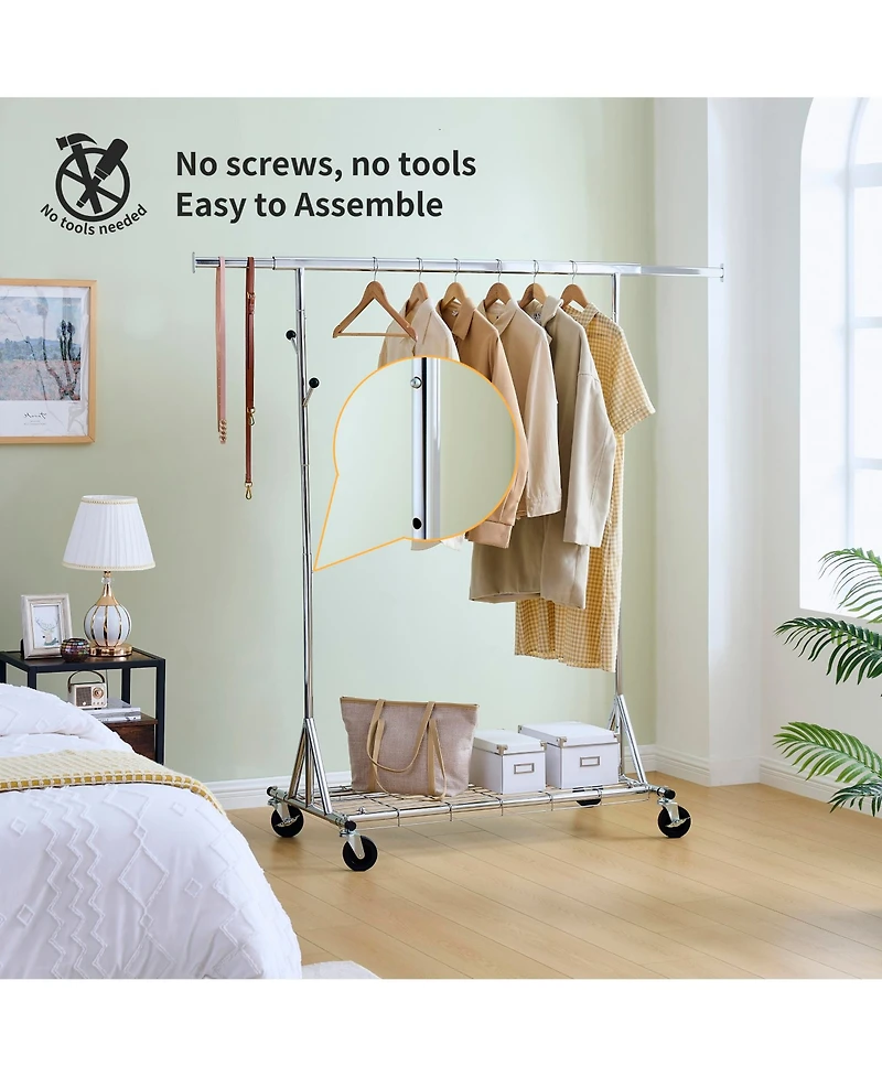 Rainsken Heavy Duty Clothing Rack, Collapsible and Portable Hanging Rack, Rolling Garment Rack with Wheels and Mesh Shelf, 600LBS Capacity for Bedroom