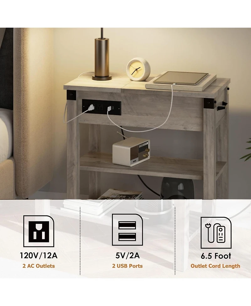 gaomon End Table with Usb Ports and Outlets, Flip Top Side Table Narrow Bedside Table with Drawer and Storage Shelves for Living Room