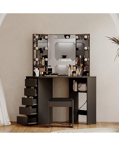 gaomon Corner Vanity and Stool, Corner Vanity Desk with Mirror and Lights, Corner Makeup Vanity with Power Outlet