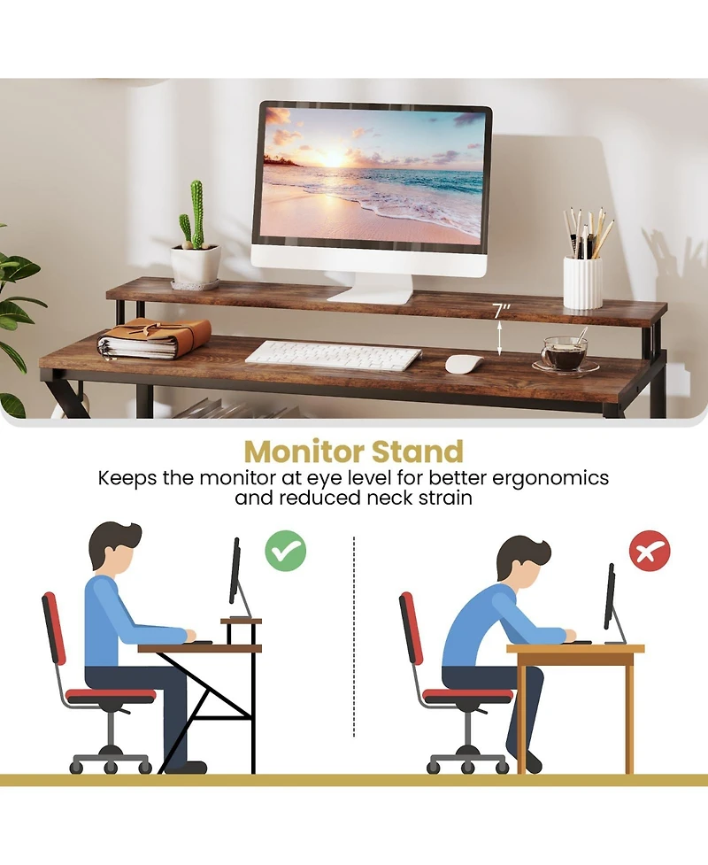 Mecale Small Space Computer Desk with Monitor Stand and Storage Shelf, Study Workstation