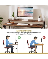 Mecale Small Space Computer Desk with Monitor Stand and Storage Shelf, Study Workstation