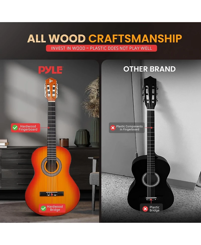 Pyle Beginner Acoustic Guitar Kit – 3/4 Junior Size 36” All-Wood Guitar with Full Accessories, Tuner App & Lessons