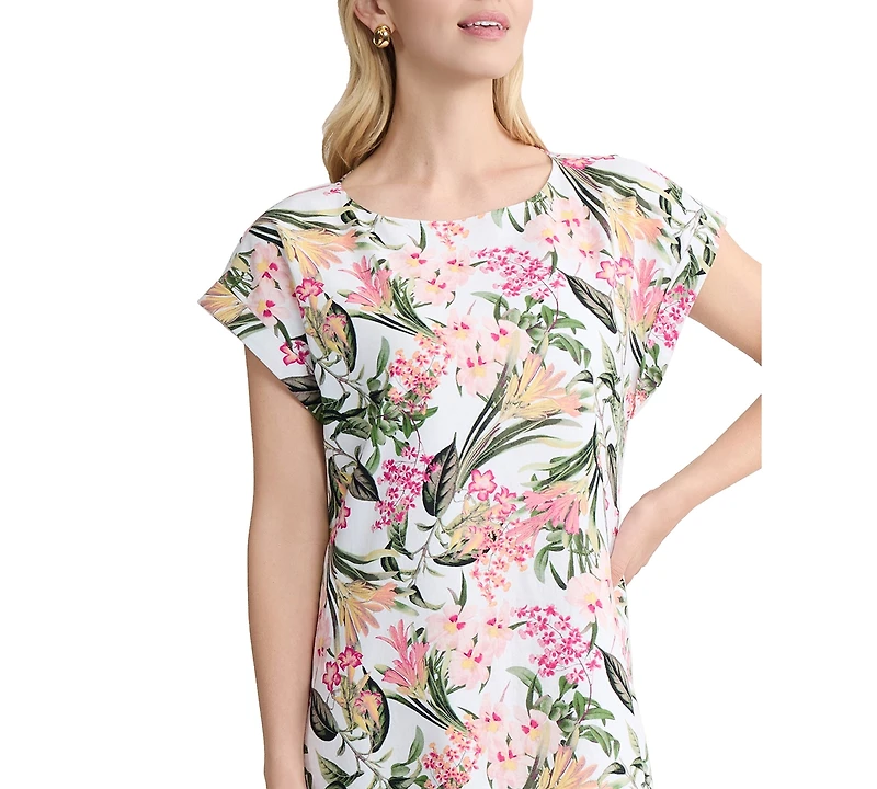 Jones New York Petite Printed Crewneck Short Dress