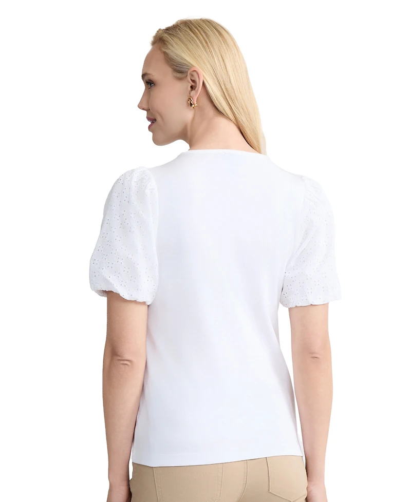 Jones New York Petite Eyelet Sleeve Crewneck T-Shirt