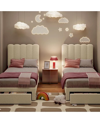 gaomon 2 Sets Twin Bed Frame with Under-Bed Drawer, Upholstered Platform Bed with Wave Headboard Wooden Slats