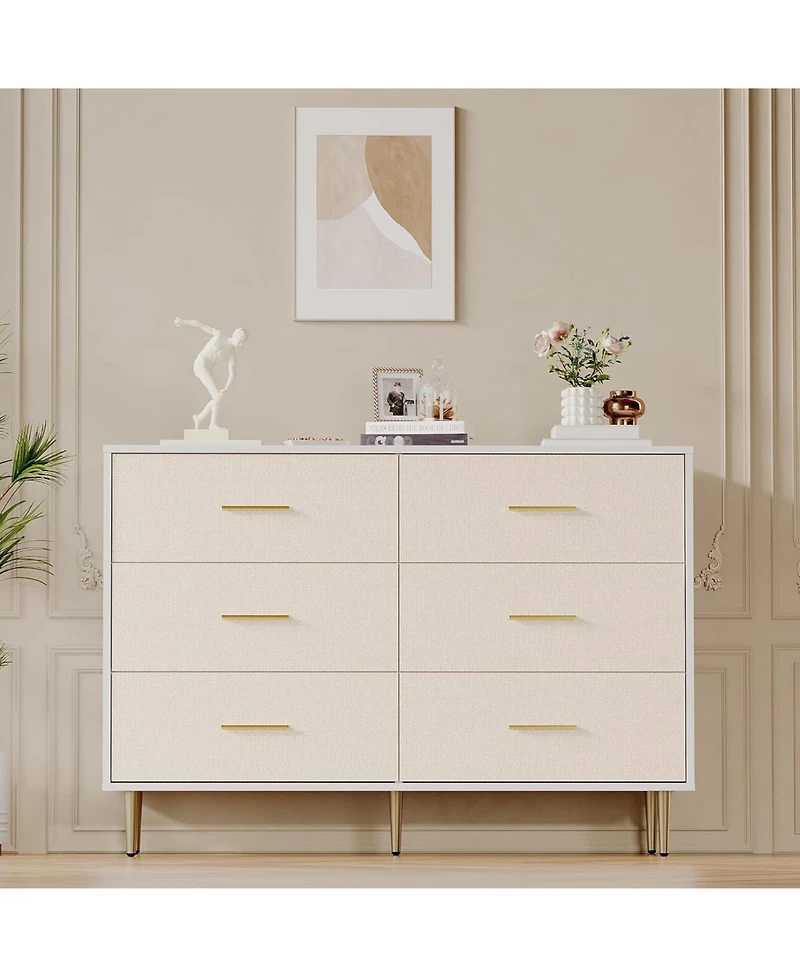 gaomon 6 Drawer Dresser, Modern White Chest of Drawers with Gold Metal Legs and Handles, Large Double Wooden Dresser for Bedroom