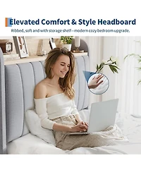 gaomon Upholstered Bed Frame with Storage Headboard, Drawer, Charging Station, Linen Platform