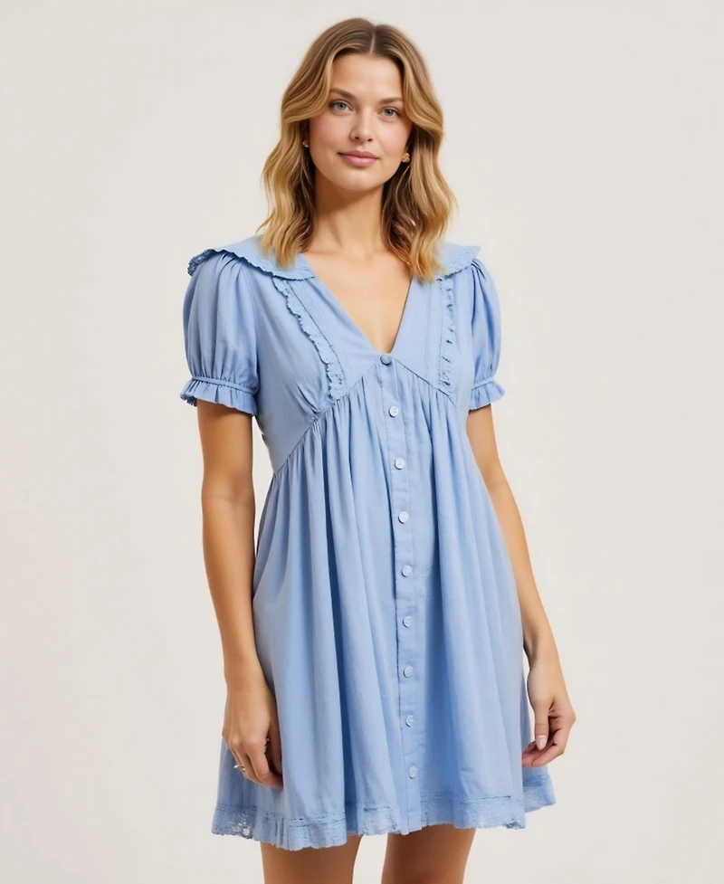 Modenaire Women's Button-Front Lace-Trim Puff-Sleeve Mini Dress