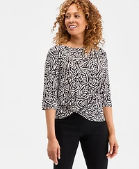 Jm Collection Petite Scattered Leaves Twist-Front Boat Neck Top, Macy's Exclusive