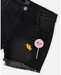 Deux par Deux Big Girls Black Denim Shorts with Embroidery