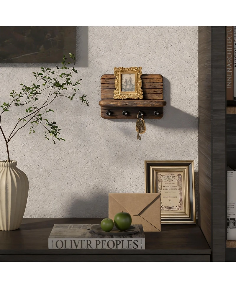 Yigii 7-Inch Pine Wood Key Rack with 4 Hooks & Shelf - Space-Saving Home Decor