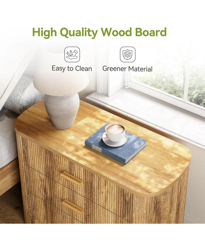 Tribesigns Oversized Nightstand with 3 Drawers, Mid Century Modern Large Wide Bedside Table for Bedroom, Big Night Stand with Fluted Striped Panel