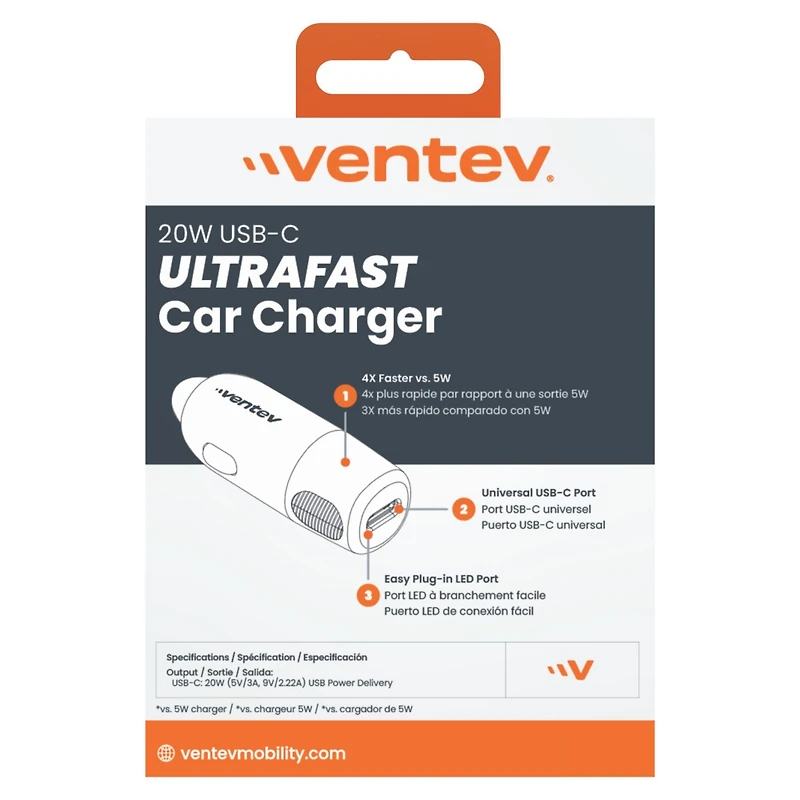 Ventev 20W ultrafast Usb-c Universal Charger delivers fast, reliable charging for your devices wherever you go.
