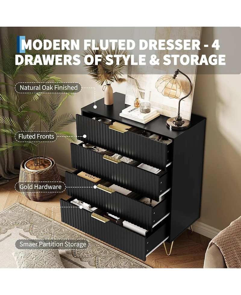 Gaomon Fluted 4-Drawer Dresser for Bedroom, 32" Wide Modern Minimalist Chest of Wooden Drawers,Wide Clothes Storage Organizer