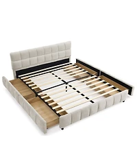 Dyhome Queen Bed Frame with Led Lights and 4 Storage Drawers, Upholstered Platform Led Bed Frame Queen Size with Charging Station Button Pu Leather He