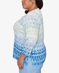Alfred Dunner Plus Caribbean Blues Ombre Biadere Split Neck Top