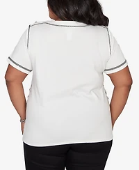 Alfred Dunner Plus Crowd Pleaser Flower Sequin Lace Border Top