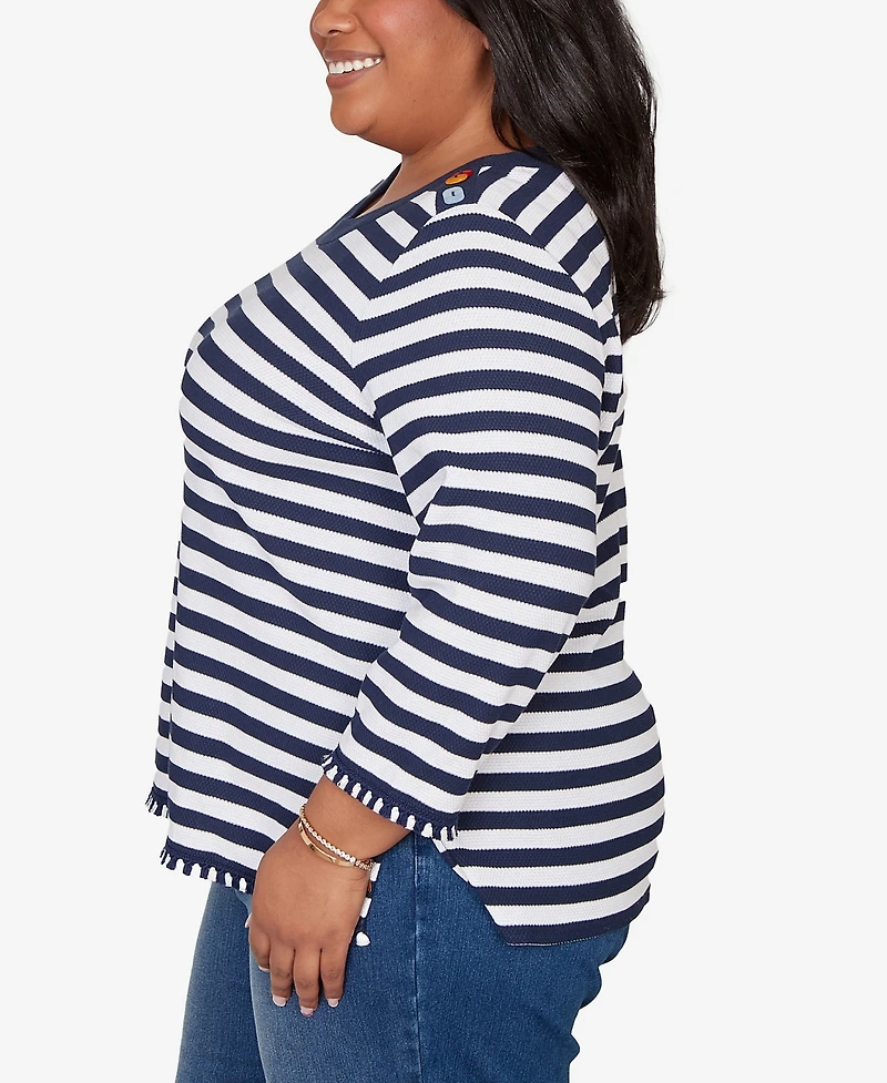 Alfred Dunner Plus Port Side Pique Stripe Button Detail Top