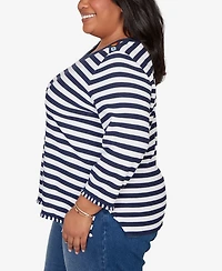 Alfred Dunner Plus Port Side Pique Stripe Button Detail Top