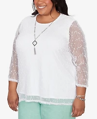 Alfred Dunner Plus Caribbean Blues Popcorn Mesh Solid Top with Necklace