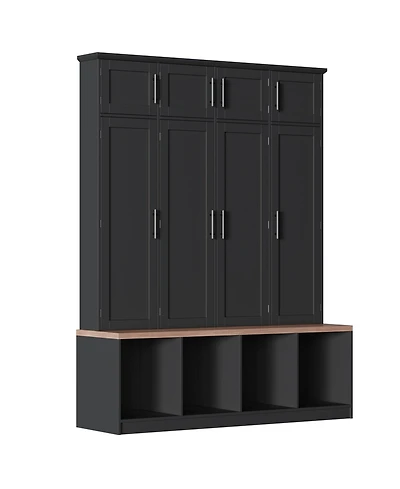 Clihome Farmhouse Hall Tree Walnut Seating Bench with 4 Hanging Hooks for Living Room