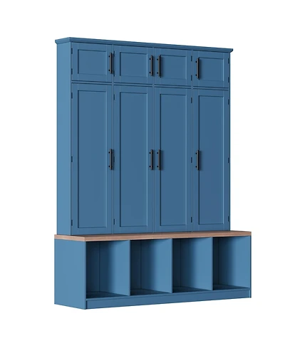 Clihome Farmhouse Hall Tree Walnut Seating Bench with 4 Hanging Hooks for Living Room